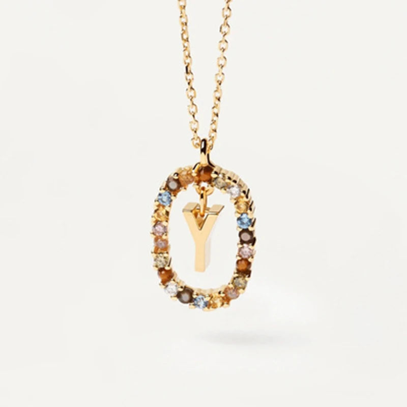 New 26 English Letter Pendant 925 Sterling Colored Zircon Letter Necklace Choker Fine Jewelry for Women