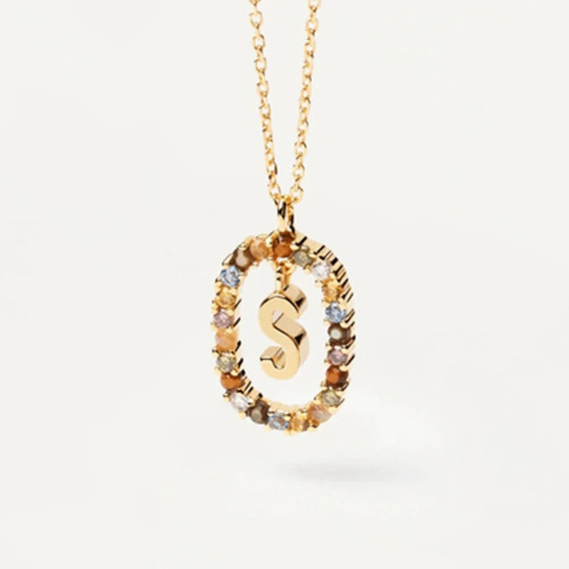 New 26 English Letter Pendant 925 Sterling Colored Zircon Letter Necklace Choker Fine Jewelry for Women