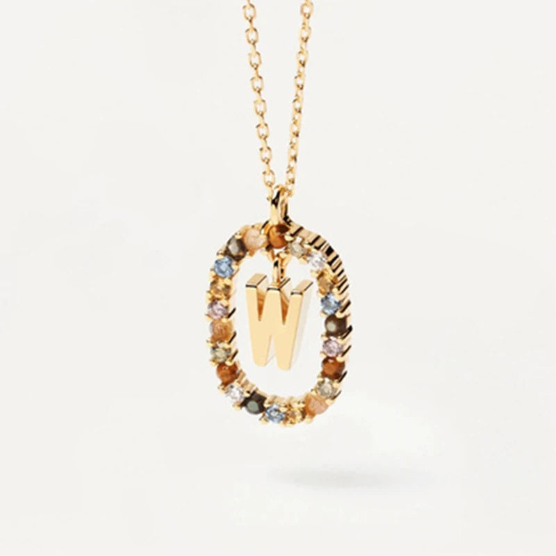 New 26 English Letter Pendant 925 Sterling Colored Zircon Letter Necklace Choker Fine Jewelry for Women