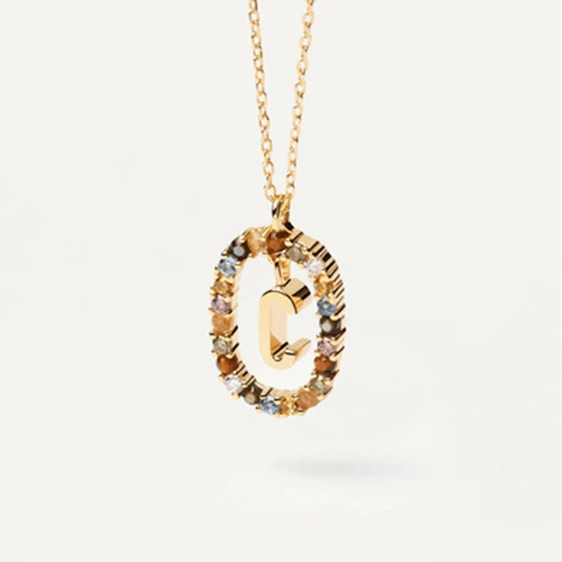 New 26 English Letter Pendant 925 Sterling Colored Zircon Letter Necklace Choker Fine Jewelry for Women