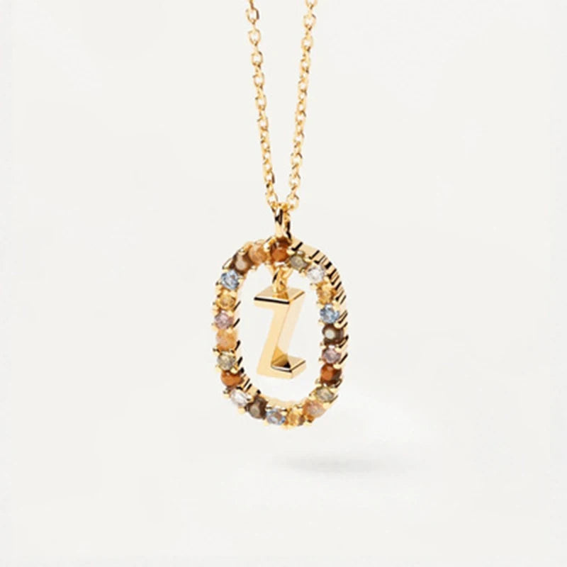 New 26 English Letter Pendant 925 Sterling Colored Zircon Letter Necklace Choker Fine Jewelry for Women