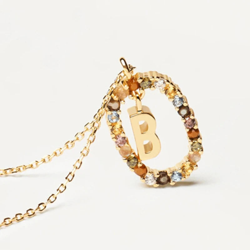 New 26 English Letter Pendant 925 Sterling Colored Zircon Letter Necklace Choker Fine Jewelry for Women