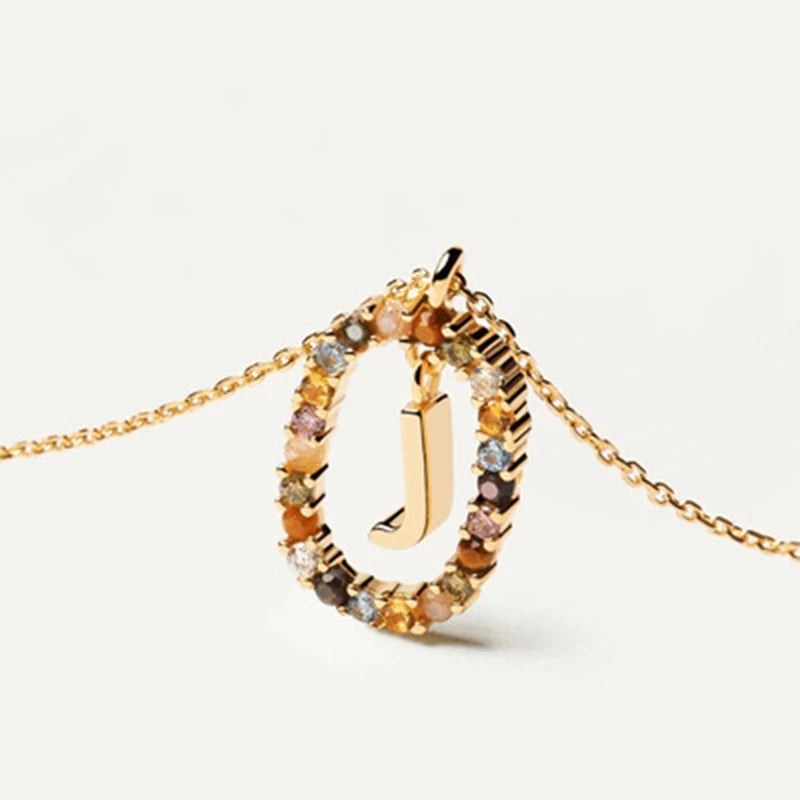 New 26 English Letter Pendant 925 Sterling Colored Zircon Letter Necklace Choker Fine Jewelry for Women