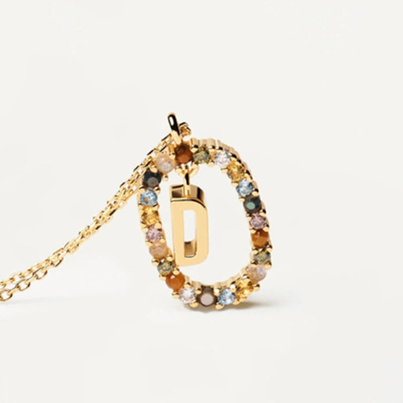 New 26 English Letter Pendant 925 Sterling Colored Zircon Letter Necklace Choker Fine Jewelry for Women