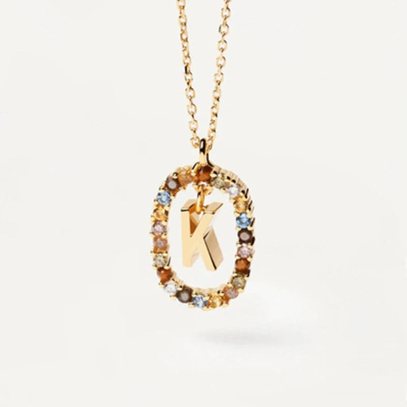 New 26 English Letter Pendant 925 Sterling Colored Zircon Letter Necklace Choker Fine Jewelry for Women