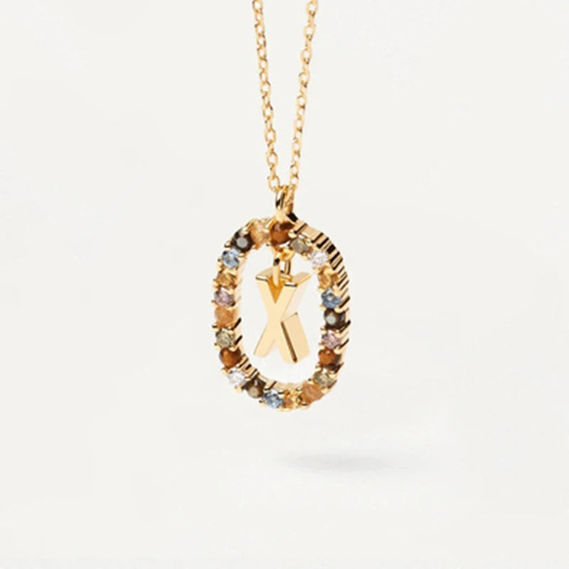 New 26 English Letter Pendant 925 Sterling Colored Zircon Letter Necklace Choker Fine Jewelry for Women